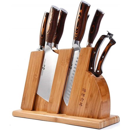TUO Cutlery Knife Set with Wooden Block Honing Steel & Shears with Pakkawood Handle TC0710